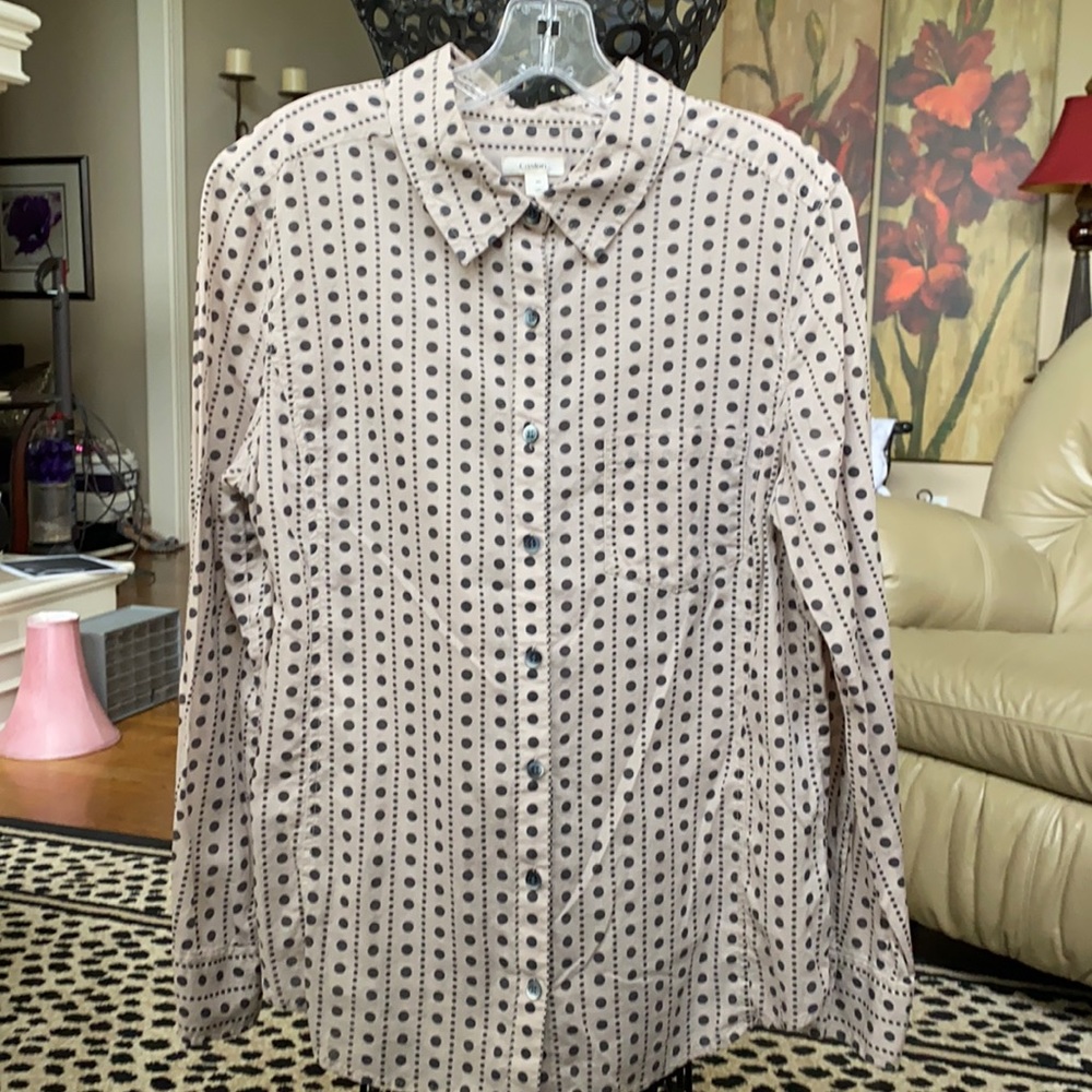 Caslon by Nordstrom tan w/ black polka dots button down shirt Medium